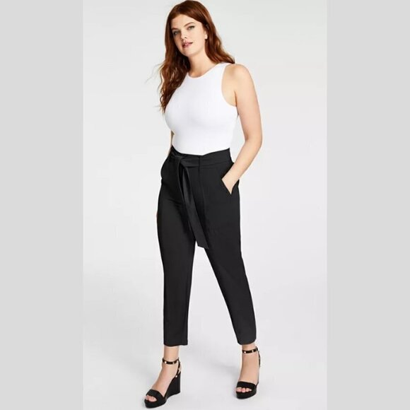 Bar III Petite Tie-Waist High-Rise Tapered-Leg Deep Black Pants - Picture 1 of 1